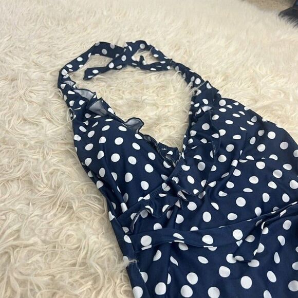 ModCloth NAVY POLKA DOT Reese Halter One-Piece Retro Swimsuit Size Large Pin Up - Picture 9 of 9